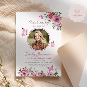 Pink Butterfly Funeral Announcement, Editable Celebration of life Invitation Template, Memorial Service Card, Canva Funeral Invite F020