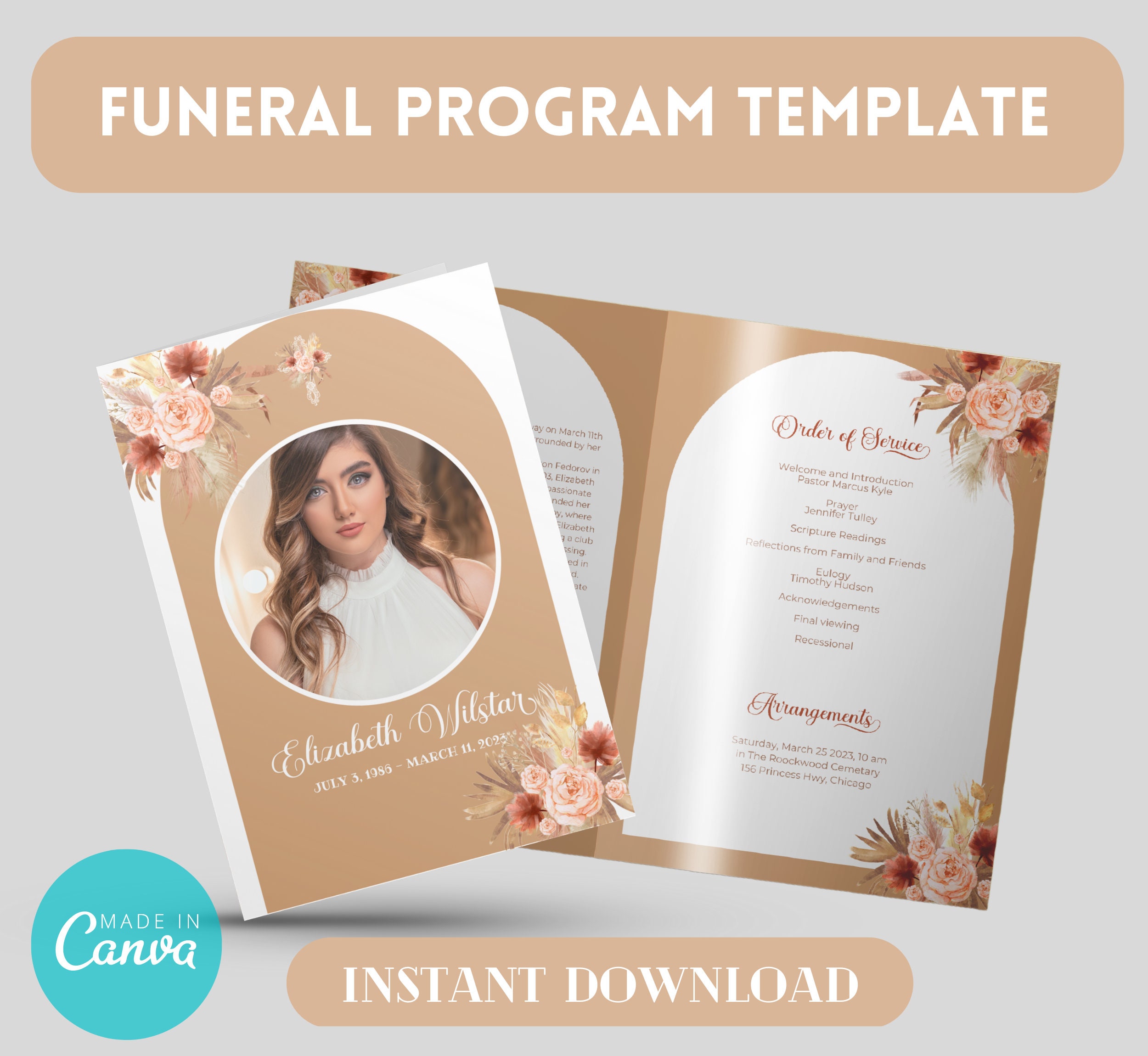 Editable Funeral Program Template for Woman, Obituary Template for