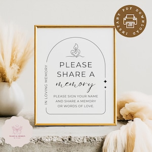 Funeral Share A Memory Memorial Service Sign, Wake Guest Book Sign, Condolence Celebration of Life, Printable Remembrance Sign S003