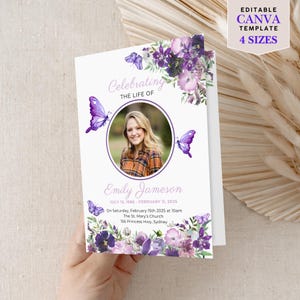 Purple Butterfly Funeral Program Template Digital Memorial Service Booklet Celebration Life Remembrance Card Obituary Editable Canva Design