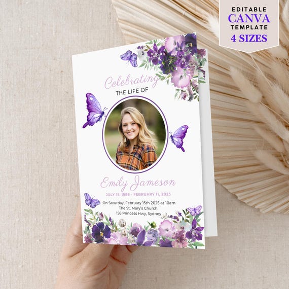 Purple Butterfly Funeral Program Template Digital Memorial Service Booklet Celebration Life Remembrance Card Obituary Editable Canva Design