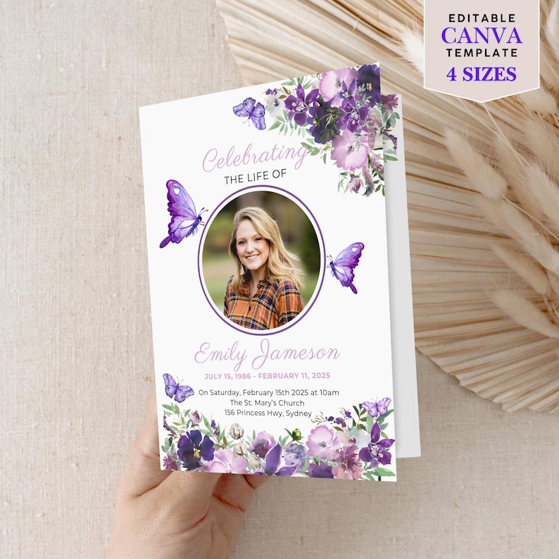Purple Butterfly Funeral Program Template Digital Memorial Service Booklet Celebration Life Remembrance Card Obituary Template Editable Canva Design Printable Funeral Ceremony Program Bereavement Service Bifold Format Multiple Sizes