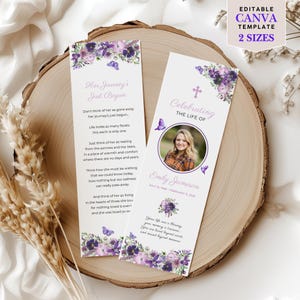 Funeral Bookmark Template Digital Download Funeral Program Memorial Service Celebration Life Remembrance Card Memorial Keepsake Purple F21