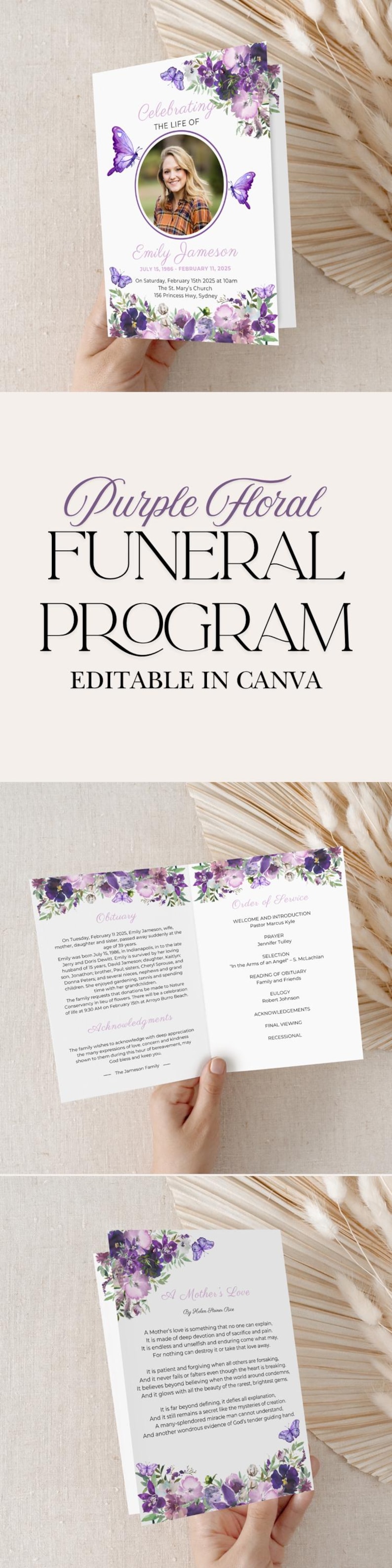 Purple Butterfly Funeral Program Template Digital Memorial Service Booklet Celebration Life Remembrance Card Obituary Editable Canva Design imagen 10