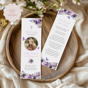 Purple Butterfly Funeral Bookmark Template, Editable Memorial Keepsake, Celebration of Life Card, Custom Funeral Favors, Canva Design F021