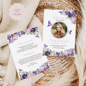 Double Sided Funeral Program Template, One Page Celebration of Life Obituary, Editable Purple Butterfly Memorial Card, Canva Design F021