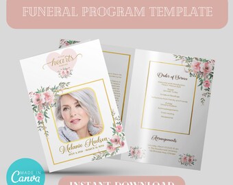 Editable Funeral Program Template for woman, Obituary Template for Funeral Memorial Program, Pink Floral Funeral Program Template