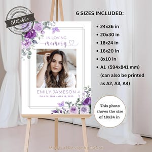 Purple Butterfly Funeral Welcome Sign, Editable Celebration of Life Poster, Memorial Photo Display, Floral Photo Board Canva Template F028 bild 5