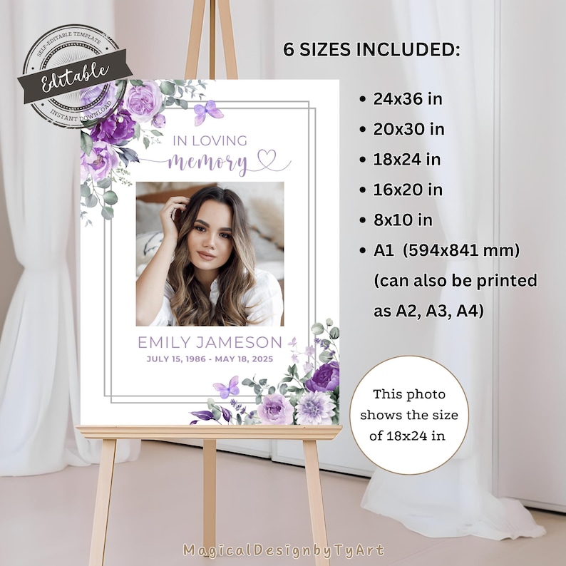 Purple Butterfly Funeral Welcome Sign, Editable Celebration of Life Poster, Memorial Photo Display, Floral Photo Board Canva Template F028 bild 5