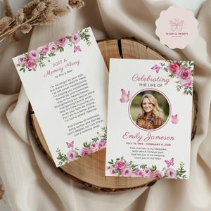 Pink Butterfly Funeral Prayer Card, Editable Memorial Keepsake Template, Floral Celebration of Life Cards, Double Sided Obituary, Canva F020