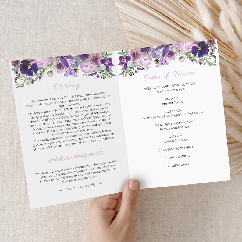 Memorial Service Template Purple Butterfly Design Digital Funeral Program Celebration Life Booklet Remembrance Card Obituary Template Editable Canva Format Printable Ceremony Program Bereavement Service Customizable Content Sections Photo