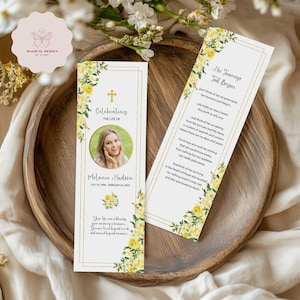 Funeral Bookmark Template, Editable Memorial Keepsake, Yellow Floral Celebration of Life Card, Personalized Remembrance Gift Canva F006