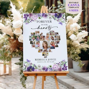 May include: A white sign on a wooden easel features the text "FOREVER in our hearts" above a heart-shaped collage of photos. The sign is decorated with purple flowers and butterflies. The text "REBECCA JOYCE" and dates are below the heart. The top right corner reads "EDITABLE CANVA TEMPLATE 6 SIZES".