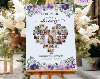 Memorial Photo Collage Heart Shaped Butterfly Design Funeral Welcome Celebration Life Picture Display Purple Memorial Poster Remembrance F21
