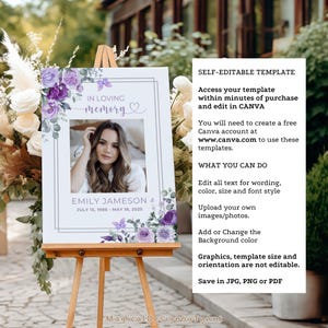 Purple Butterfly Funeral Welcome Sign, Editable Celebration of Life Poster, Memorial Photo Display, Floral Photo Board Canva Template F028 bild 6