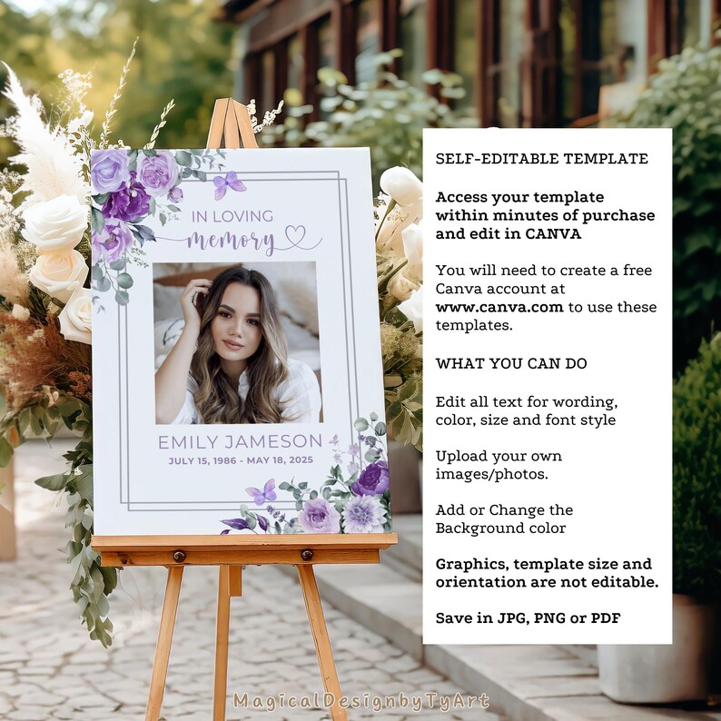 Purple Butterfly Funeral Welcome Sign, Editable Celebration of Life Poster, Memorial Photo Display, Floral Photo Board Canva Template F028 bild 6