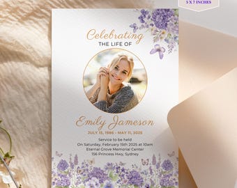 Funeral Announcement Template Digital Download Printable Memorial Service Invitation Celebration Life Remembrance Card Butterfly Design