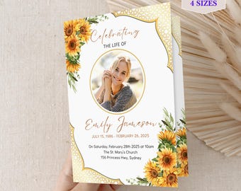 Sunflower Funeral Program Template Design Celebration Life Memorial Service Order Editable Obituary Yellow Floral Ceremony Tribute Booklet