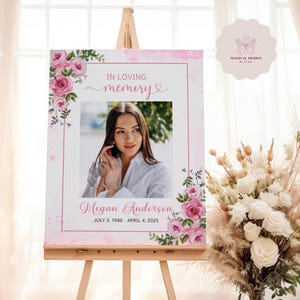 Pink Flowers Funeral Poster, Editable Large Welcome Sign, Custom Memorial Poster Template, Pink Roses Celebration of Life Design Canva F025