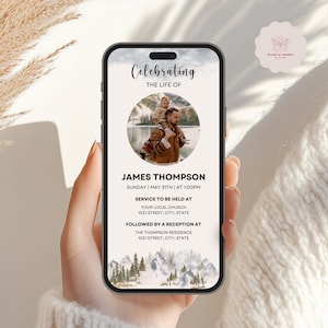 Mountain Funeral Invitation Template: Electronic Announcement Card (Editable, Canva, Digital Download) F005