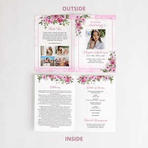 Editable Funeral Template Pink Roses Design Memorial Program Booklet Celebration Life Document Digital Download Canva Format Elegant Presentation Multiple Sizes Available Customizable Layout Professional Looking Template Beautiful Floral