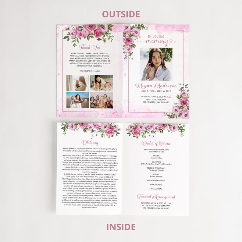 Editable Funeral Template Pink Roses Design Memorial Program Booklet Celebration Life Document Digital Download Canva Format Elegant Presentation Multiple Sizes Available Customizable Layout Professional Looking Template Beautiful Floral
