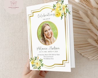 Editable Golden Yellow Funeral Program Template for women, 4 Page Bifold Obituary, Funeral Order of Service, Celebration of Life Canva F006