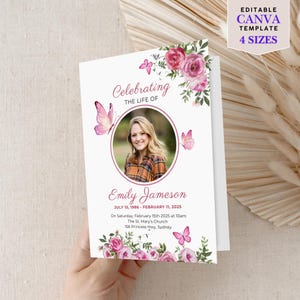 Funeral Program Template Digital Download Editable Memorial Service Design Celebration Life Printable Butterfly Pink Rose Canva Obituary F20