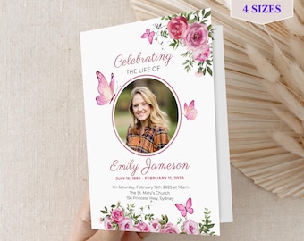 Funeral Program Template Digital Download Editable Memorial Service Design Celebration Life Printable Butterfly Pink Rose Canva Obituary F20