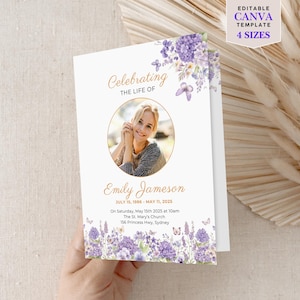 Funeral Program Template Butterfly Design Purple Floral Obituary Editable Canva Digital Download Celebration Life Memorial Service Mother