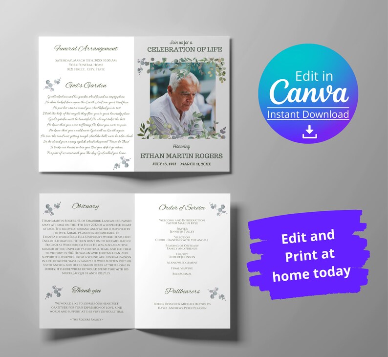 Editable Eucalyptus Funeral Program Template Green Leave Funeral