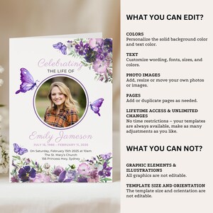 Purple Butterfly Funeral Program Template Digital Memorial Service Booklet Celebration Life Remembrance Card Obituary Editable Canva Design imagen 7