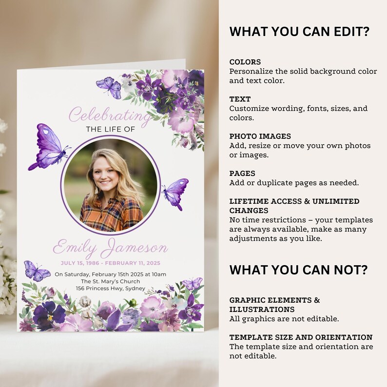 Purple Butterfly Funeral Program Template Digital Memorial Service Booklet Celebration Life Remembrance Card Obituary Editable Canva Design imagen 7