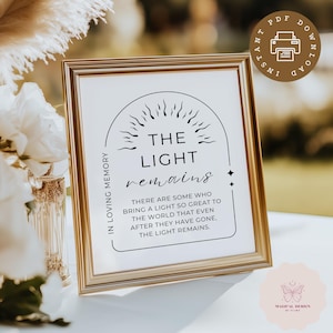 Memory Table Sign, Poem for Funeral, Verse The Light Remains for Celebration of Life, Printable Memorial Sign, Funeral Favor Sign PDF S001