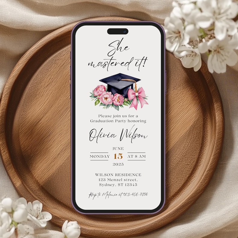 Digital Template Canva Design Masters Graduation Invitation Animated Format Customizable Details Virtual Celebration Announcement Online Ceremony Graduate Achievement Recognition Academic Success Party Invite Professional Looking Design
