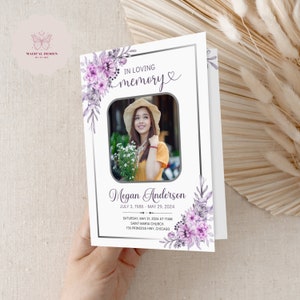 Editable Purple Floral Funeral Program Template for women, 4 Page Bifold Obituary, Funeral Order of Service, Celebration of Life Canva F008