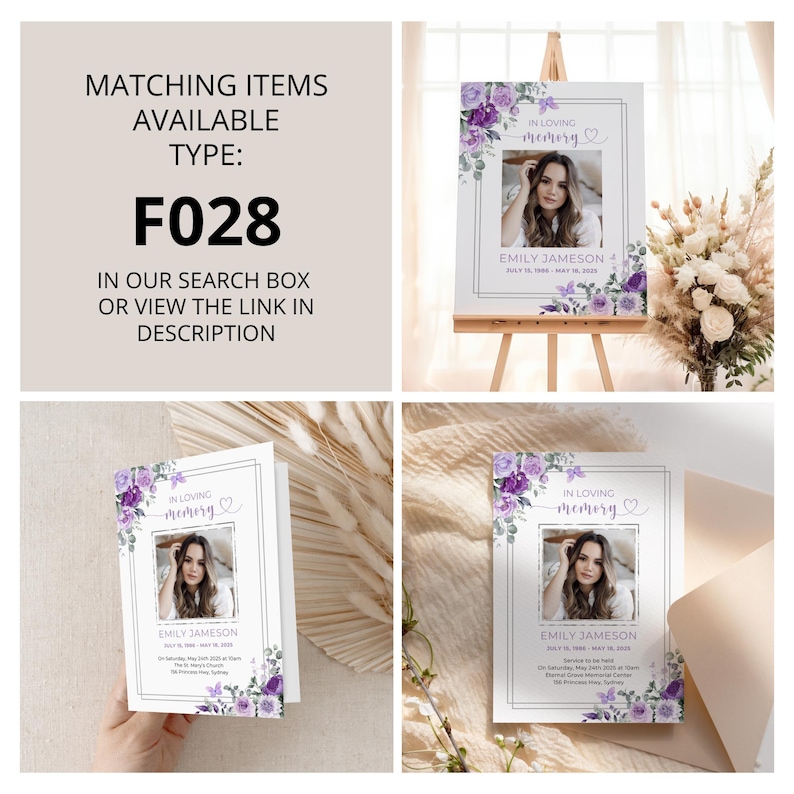 Purple Butterfly Funeral Welcome Sign, Editable Celebration of Life Poster, Memorial Photo Display, Floral Photo Board Canva Template F028 bild 9
