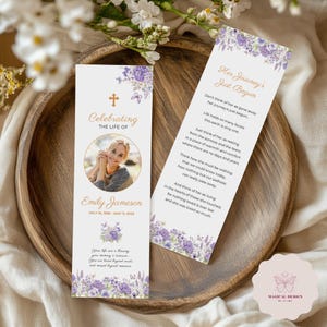 Purple Funeral Bookmark Template, Editable Memorial Keepsake, Butterfly Celebration of Life Card, Lilac Funeral Favors, Canva Design F027