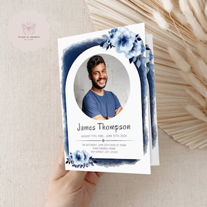 Dark Blue Funeral Program, Editable Obituary Template, Celebration of Life Memorial Program, Blue Floral Bifold Brochure for man, Canva F012