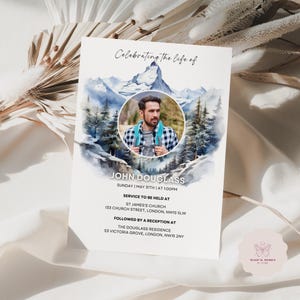 Mountain Funeral Invitation Template: Outdoor Memorial Announcement Card (Editable, Canva, Digital Download) F018