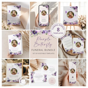 Purple Butterfly Funeral Bundle, Editable Memorial Package, Celebration of Life Templates, In Loving Memory Suite, Funeral Program Set F021