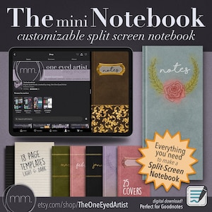 Customizable mini digital Notebook - 25 covers and 18 page templates for mini split screen PDF/Goodnotes on iPad