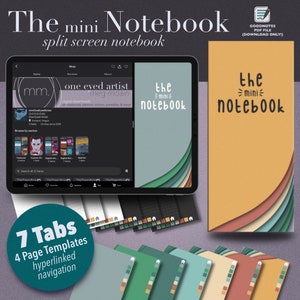 May include: A digital notebook with 7 tabs and 4 page templates. The notebook has a split screen design with a green, blue, and brown color scheme. The text "The mini Notebook" is displayed on the cover.