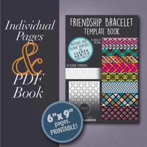 May include: A dark grey book titled "FRIENDSHIP BRACELET TEMPLATE BOOK" with various bracelet patterns. The book includes patterns for 4, 6, 8, 10, 12, 14, 16, 18, 20, and 22 string bracelets. The book is 15.24cm x 22.86cm and printable.