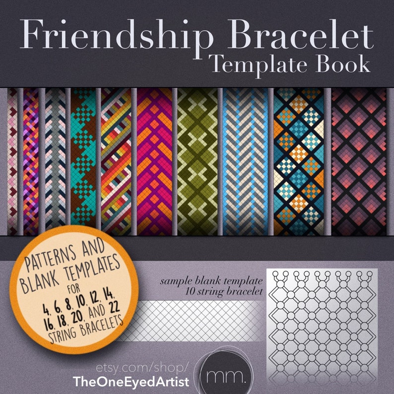 May include: A Friendship Bracelet Template Book featuring a range of colourful woven patterns. The book provides patterns and blank templates for 4, 6, 8, 10, 12, 14, 16, 18, 20, and 22 string bracelets. A sample blank template for a 10-string bracelet is also shown.