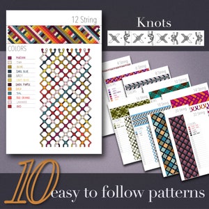 May include: An image showing illustrated knot patterns and colour charts for friendship bracelets. The main chart is labelled "12 String" and features a geometric design in various colours. Additional charts show different string counts and knot styles.