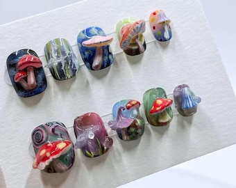 Whimsical Mushroom Press On Nails – 3D Forest Fairy Design
