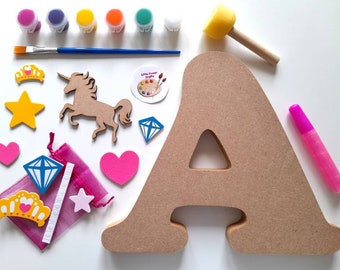 Paint Your Own Initial Letter, Large MDF Letter, Personalised, Children's Craft Kit, Letterbox Gift, Unicorn Theme