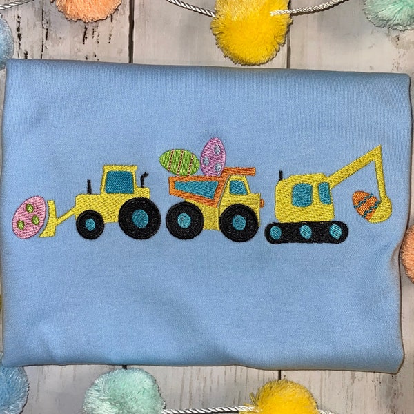 Easter Construction truck trio - heavy fill stitch- Construction trucks with Easter eggs - machine embroidery file kids boy