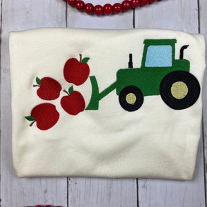 Tractor pushing apples - heavy fill stitch - back to school fall autumn boy farm orchard machine embroidery design file